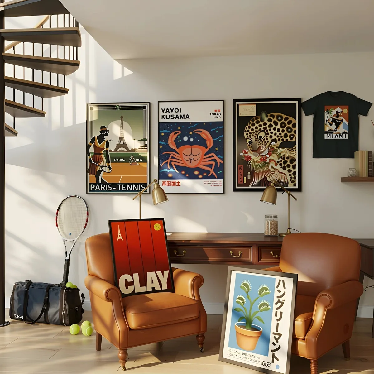 Wall of framed fine-art posters, from japonisme to vintage tennis